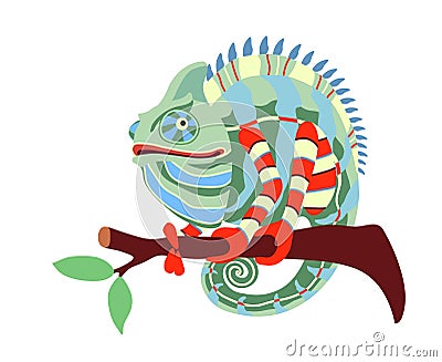 Funny phlegmatic chameleon on a branch with leaves, exotic reptile, cute pet Vector Illustration